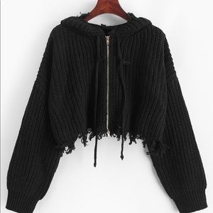 ZAFUL black knit zip up cardigan with hood